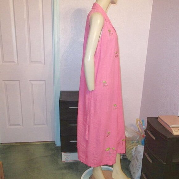 Erika LINEN Blend BUTTON UP Shirt Dress Size L EMBROIDERED Palm Trees MIDI Tie - Picture 5 of 9